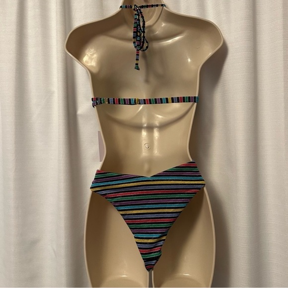 WEWOREWHAT Lurex Stripe High Neck Bikini Top and Delilah Bottoms Size M NWT - Picture 6 of 10